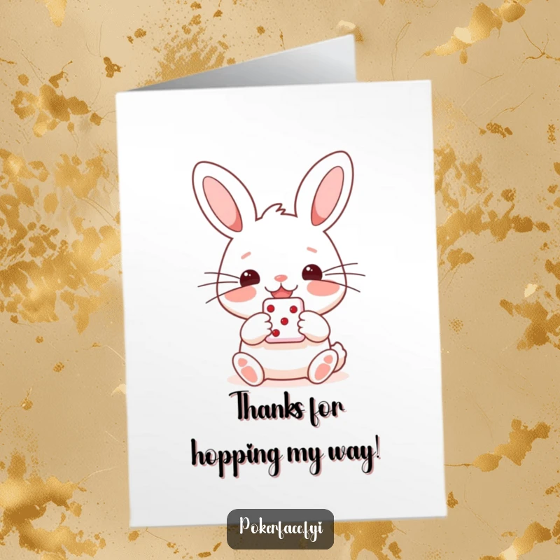 Funny Free Printable Thank You Card: Happy Rabbit character with straight whiskers holding a die, expressing thanks.