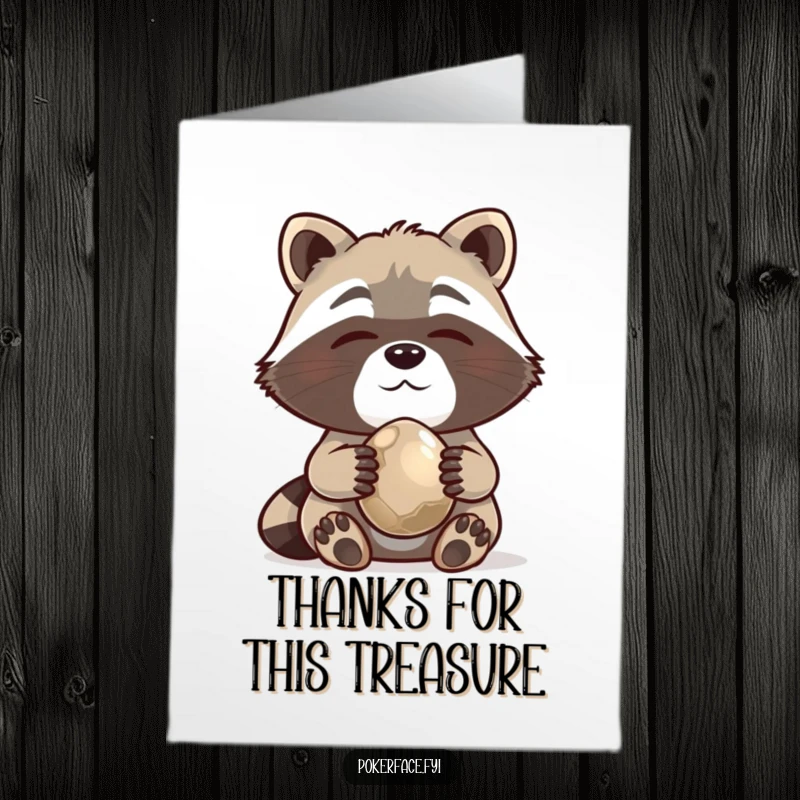 Funny Free Printable Raccoon Thank You Card: A happy raccoon holding a shiny pebble, symbolizing a treasured thank you gift.