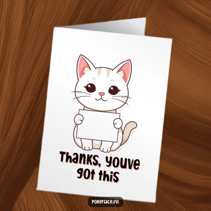 Funny Free Printable Thank You Card: Neutral-faced Kawaii cat offering a card, witty sarcasm, perfect for DIY gifts.