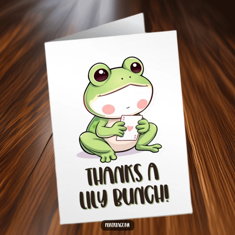 Funny Free Printable thank you card featuring a nonchalant frog expertly playing cards, a great downloadable art piece.