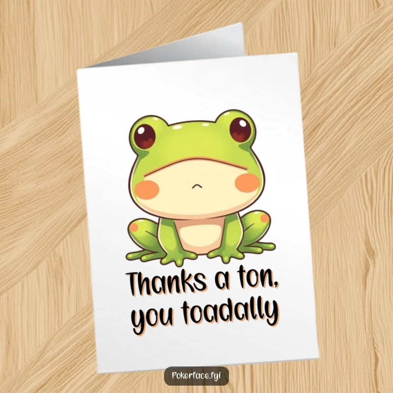 Funny Free Printable Thank You Card: A frog with a completely impassive face conveying thanks with a blank stare and no discernible emotion.