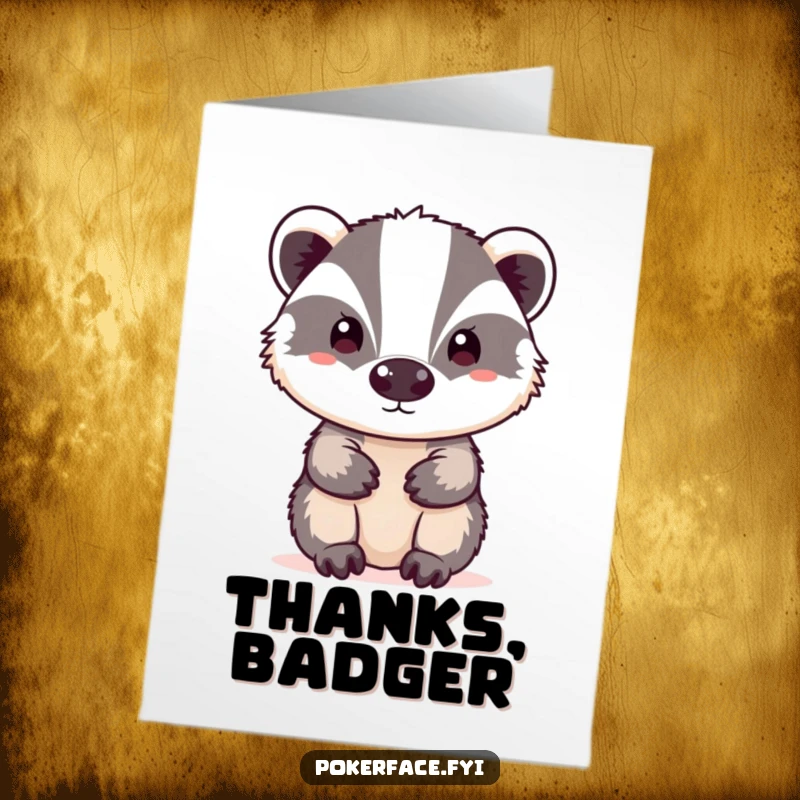 Funny Free Printable Thank You card: A neutral badger with a blank expression offers thanks with a hilariously unemotional stare.
