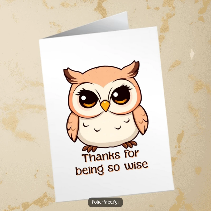 Funny Free Printable Thank You Card featuring a placid owl with an intense, fixed, and unwavering gaze, conveying deep appreciation.