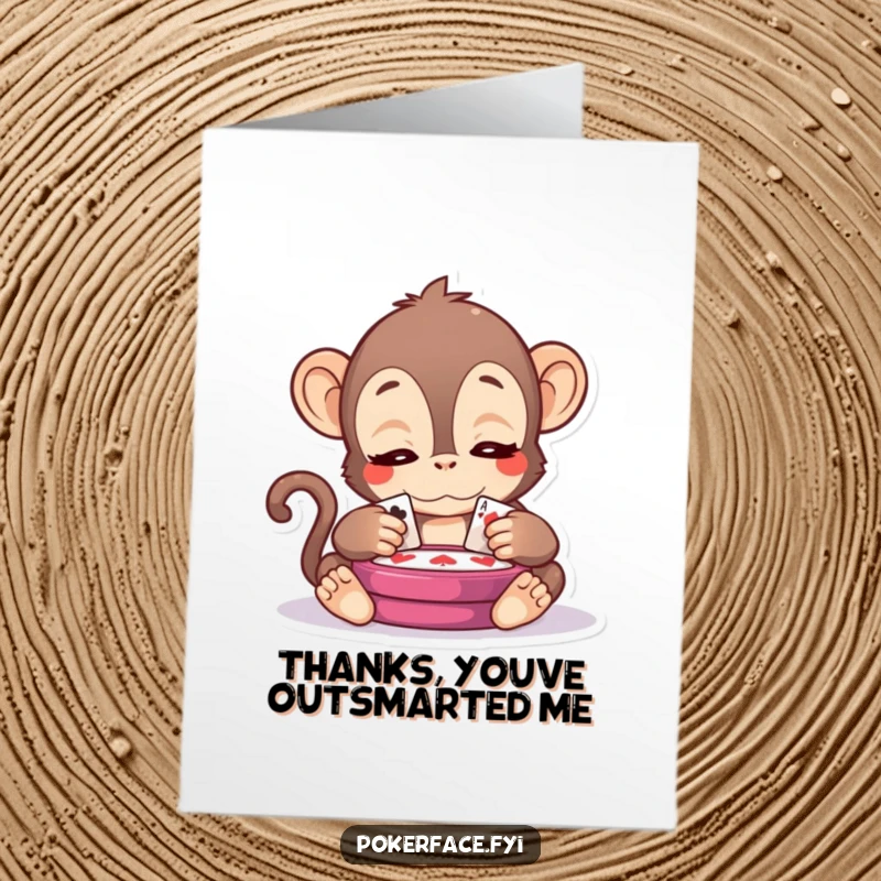 Funny Free Printable Thank You Card: Serene Kawaii monkey observing a card game, calm gratitude, perfect for DIY gifts.