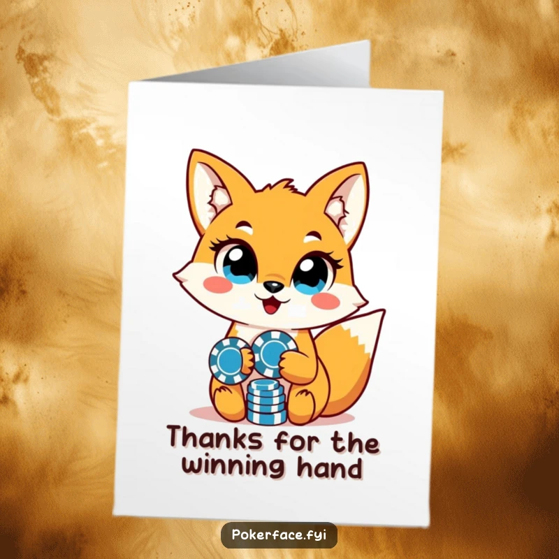 Funny Free Printable Thank You Card: A fox with steady, unwavering eyes holds poker chips, delivering a clever and sly thank you.