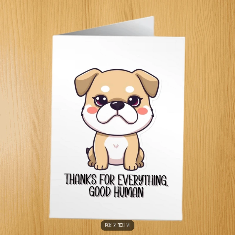 Funny free printable thank you card of a dog maintaining a completely neutral face, a humorous and understated downloadable.