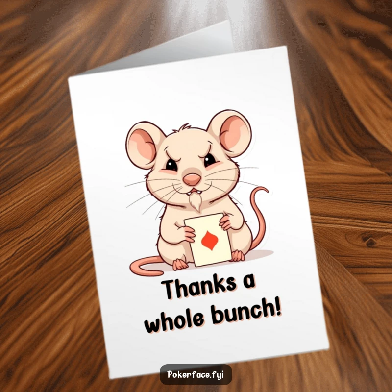 Funny Free Printable thank you card of a rat playing cards with an inscrutable expression, a charming DIY gift.