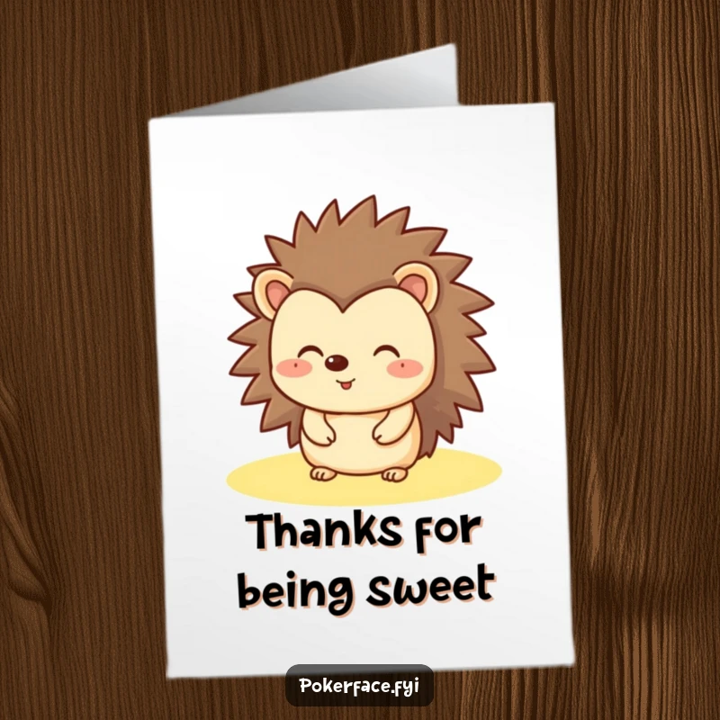 Funny Free Printable Thank You Card of a hedgehog with a flat, unchanging expression, offering thanks with quiet dignity.