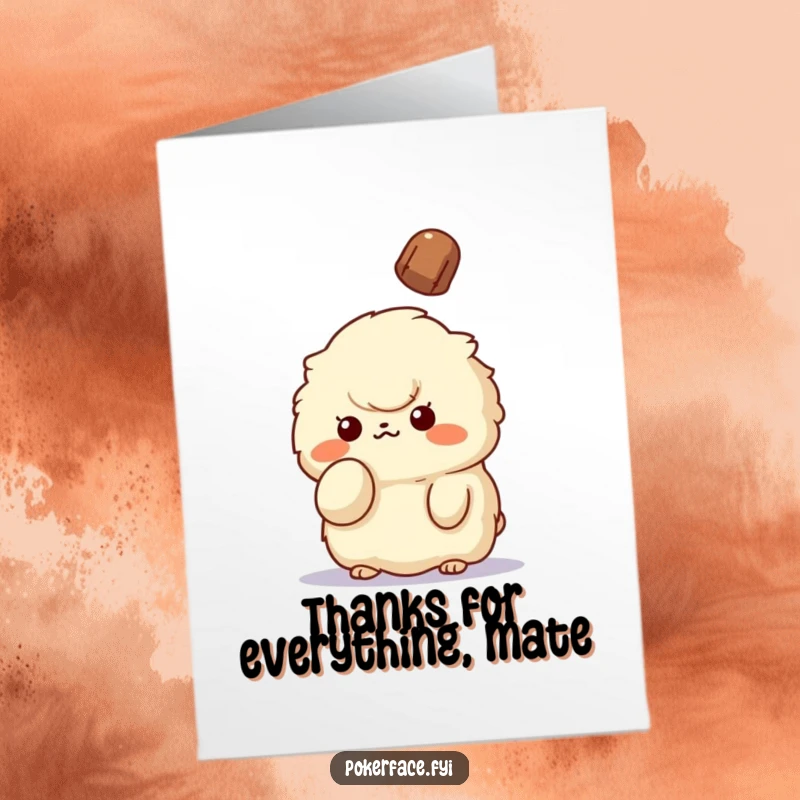Funny Free Printable Thank You Card: Fluffy creature gives a serene finger-up, unbothered by a falling object.