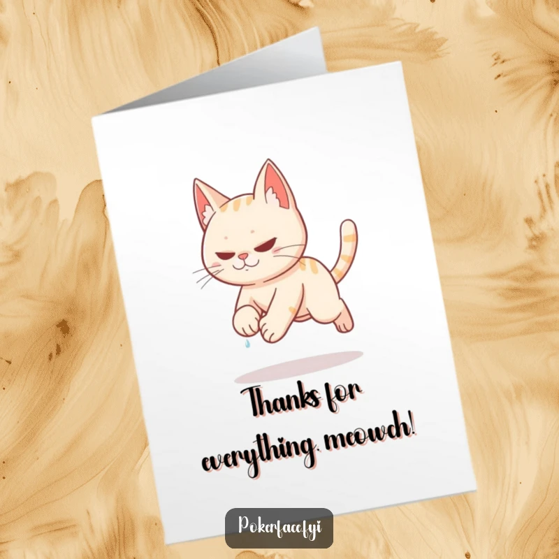Funny Free Printable Thank You Card: Stealthy cat tiptoeing to deliver thanks with extreme caution