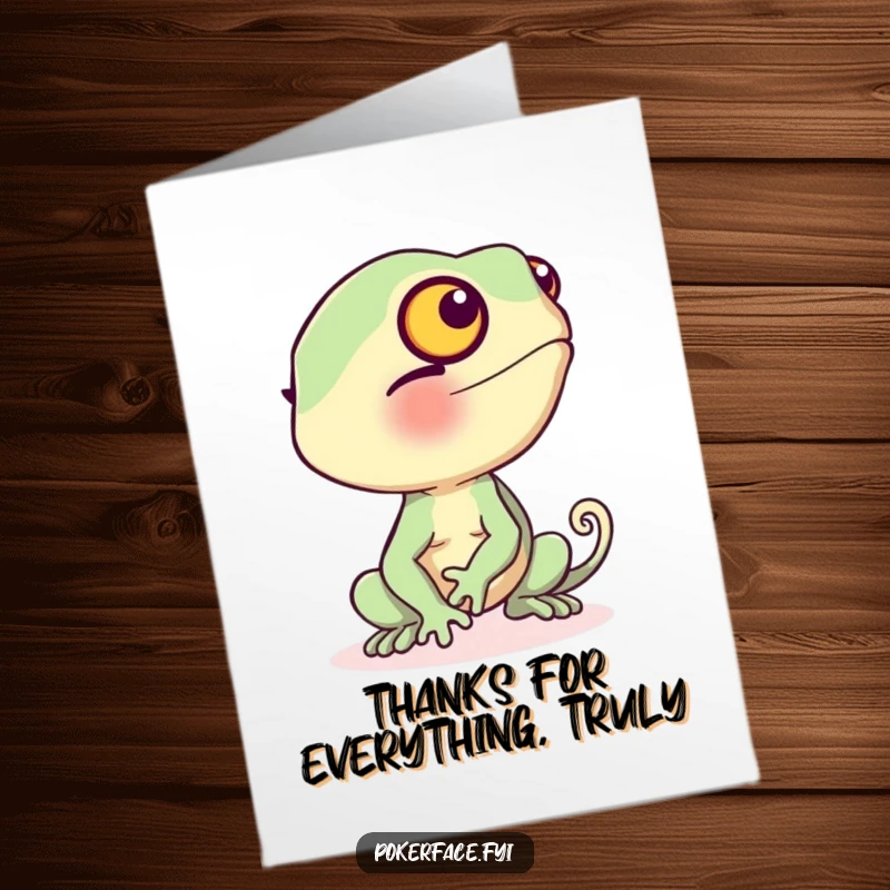 Funny Free Printable Chameleon Thank You Card: A chameleon blushing and changing color, conveying heartfelt thanks humorously.
