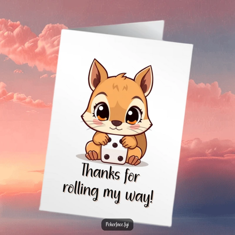 Funny Free Printable Thank You Card depicting a squirrel with wide eyes fixated on dice, expressing gratitude with a gamble.