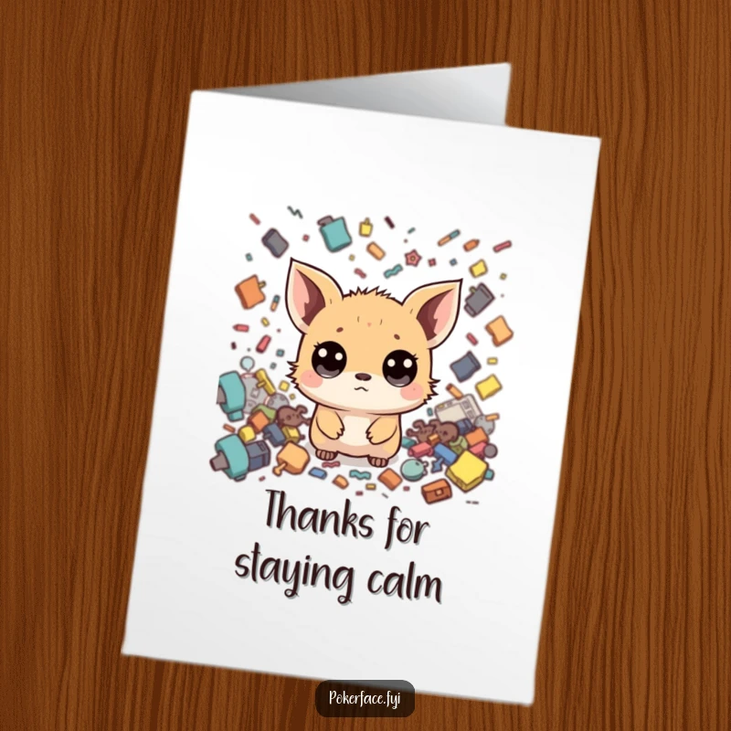 Funny Free Printable Thank You Card: Tiny creature with wide eyes, neutral face, calm amidst chaotic swirls.