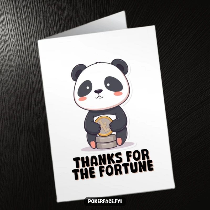 Funny Free Printable Thank You Card of a panda with a stoic face, balancing a coin, offering calm and balanced thanks.