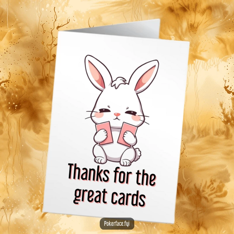 Funny Free Printable Thank You Card: Emotionless rabbit holding cards, a humorous downloadable gift for enigmatic thanks.