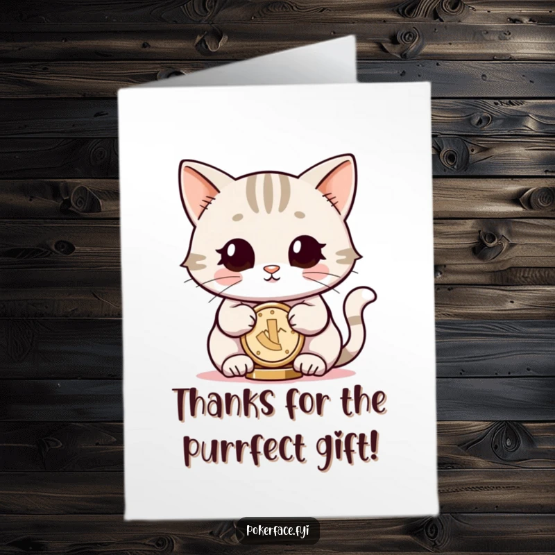 Funny Free Printable Thank You Card: Smiling Cat character with neutral eyes balancing a coin, saying thanks coolly.