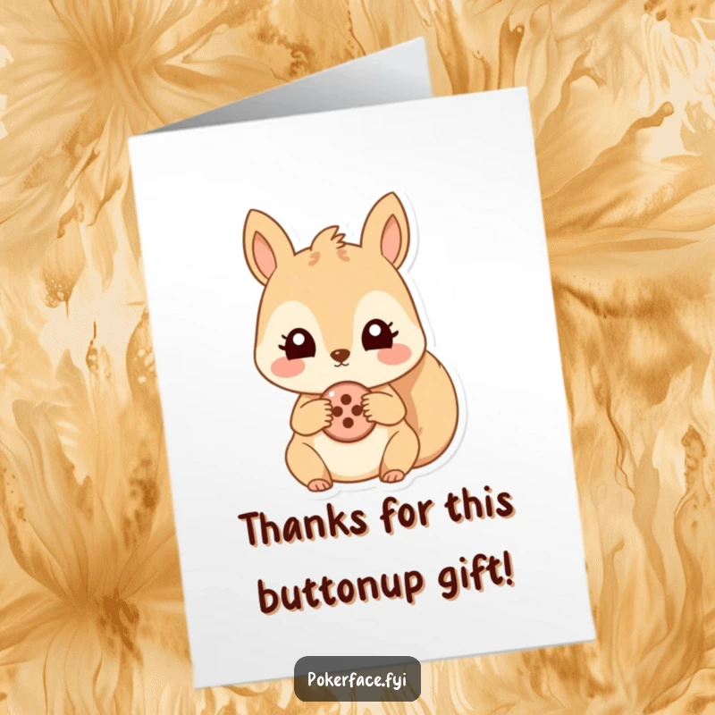 Funny Free Printable Thank You Card: A squirrel with vacant eyes holds a solitary button, a charming downloadable gift.