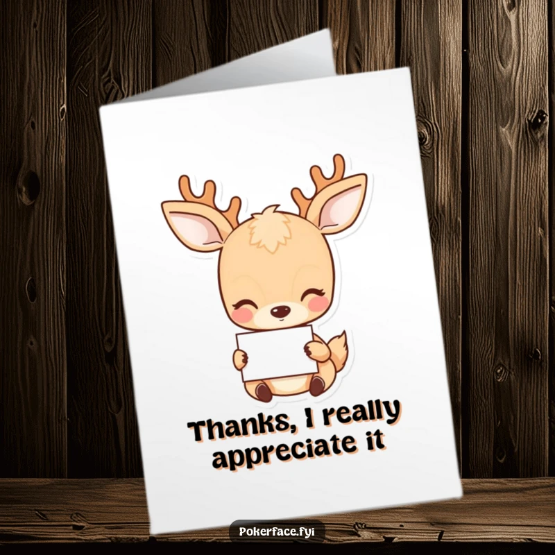 Funny Free Printable thank you card of a deer holding a card with quiet dignity, a charming DIY gift.