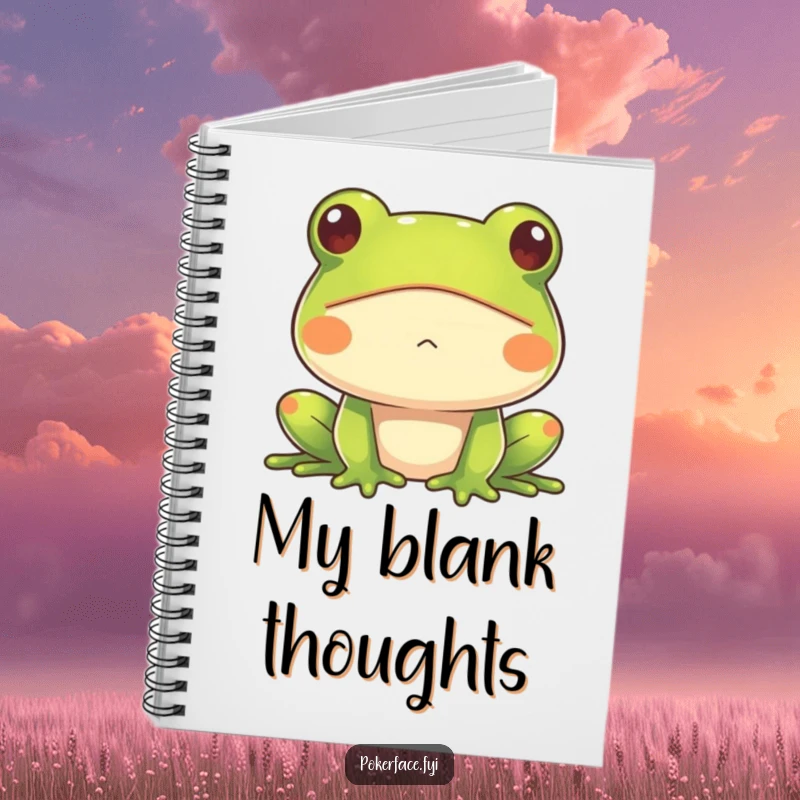 Funny Frog Notebook with an impassive frog face, perfect for writing with hilarious deadpan style, ideal for organized thinkers and gift recipients.
