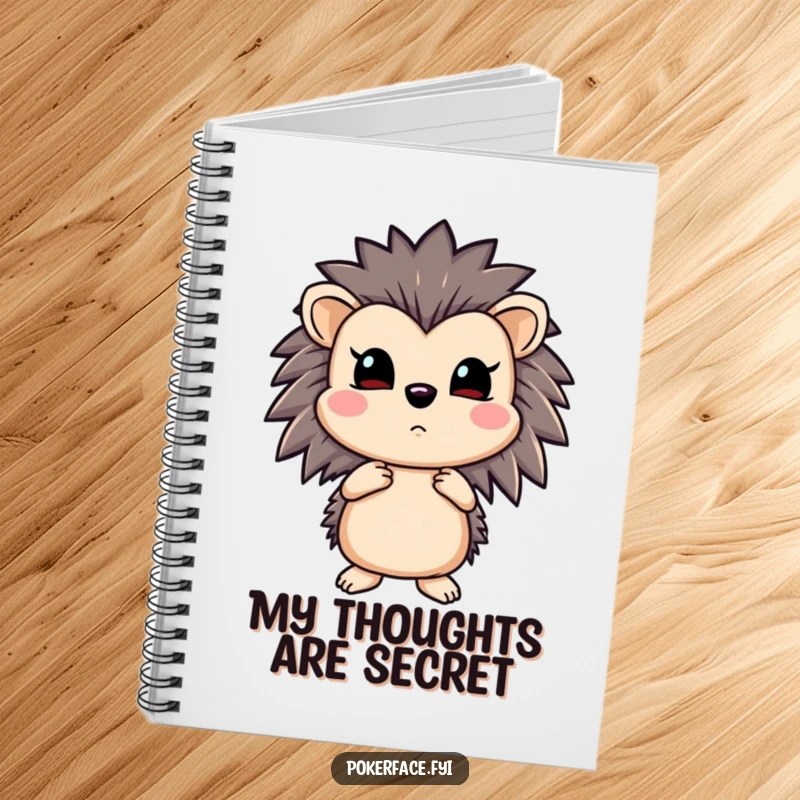 Funny hedgehog notebook cover depicts a poker champion hedgehog holding a straight flush with a completely blank expression.