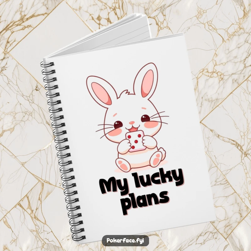 Funny notebook with a happy rabbit character with straight whiskers, holding a single die, ideal for jotting down lucky plans.