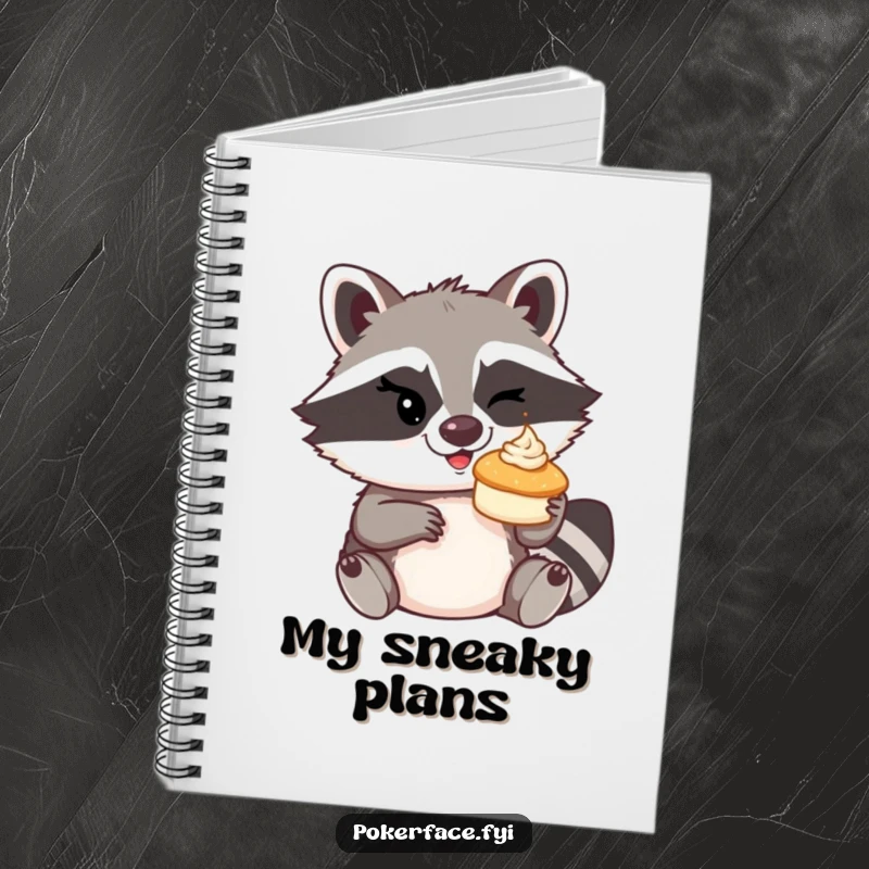 Funny mischievous raccoon winking, about to toss a tiny cream pie on a notebook.