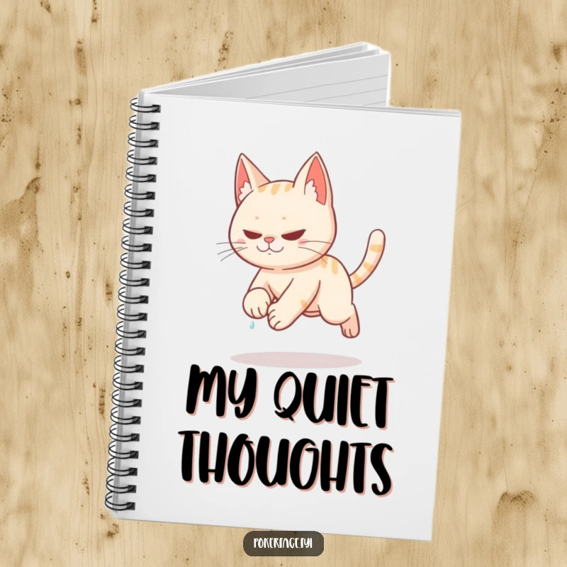 Funny stealthy cat tiptoeing slowly with sweat on brow on a notebook.