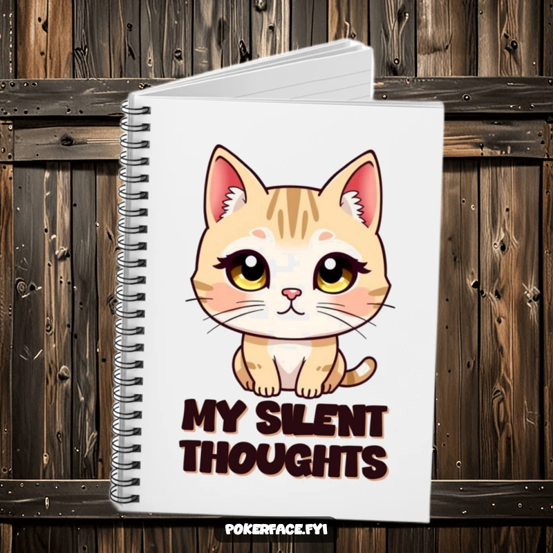 Funny notebook cover depicts a cat character with wide, unblinking eyes fixed in a direct, unwavering, and intense stare.