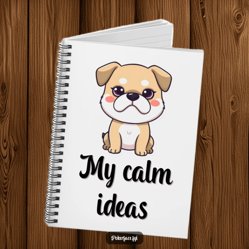 Funny notebook showcasing a stoic dog with a neutral face, perfect for jotting down ideas with a calm and humorous edge.