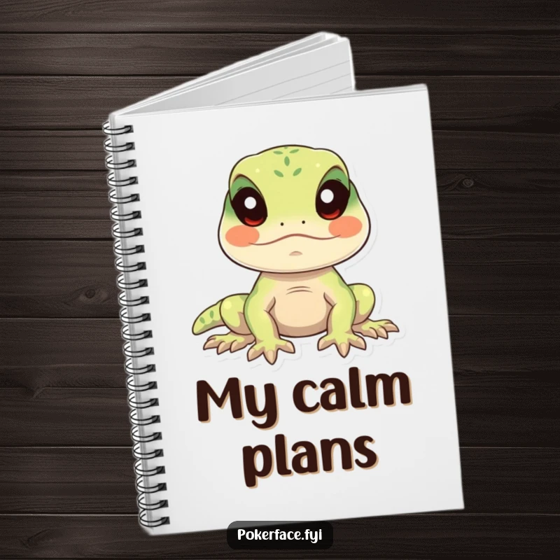 Funny lizard notebook with a calm lizard character perfectly still and focused, perfect for humorous note-taking.