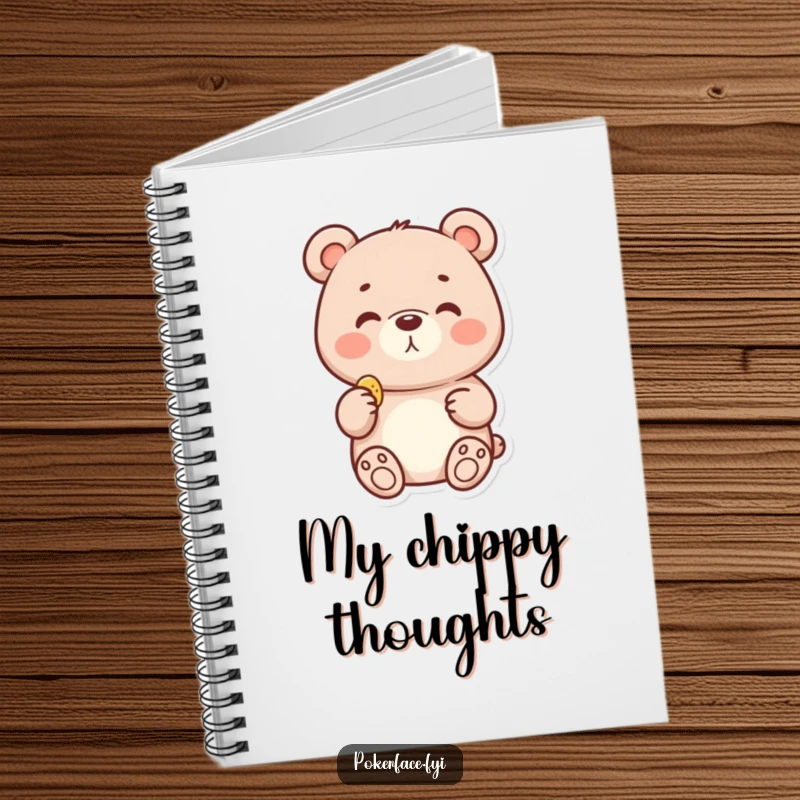Funny notebook cover with a delighted bear holding a tiny chip, inspiring thoughts on simple pleasures and contentment.