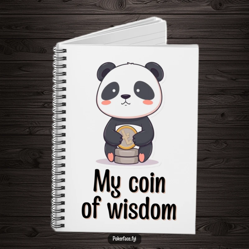 Funny Panda Coin Notebook with a panda having a stoic face balancing a single coin, great for humorous note-taking.