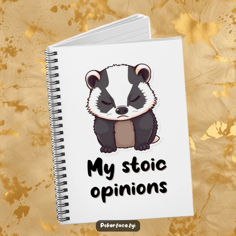 Funny grumpy badger with neutral expression, closed eyes on a notebook.