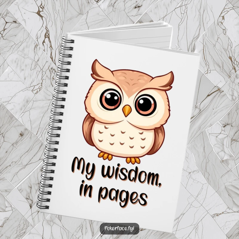 Funny serene owl notebook featuring an owl with wide, unwavering eyes, ideal for recording wisdom.