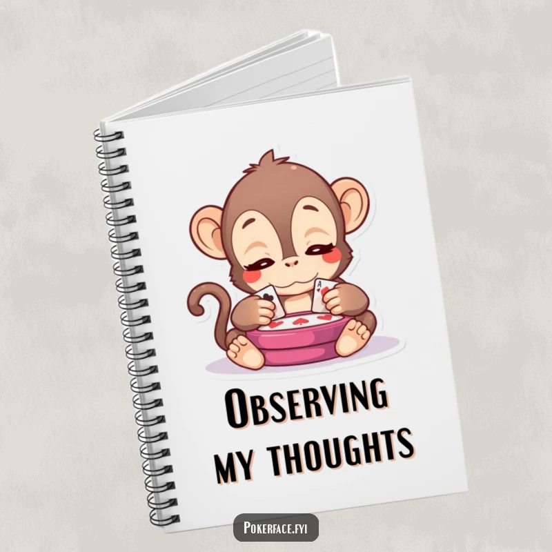 Funny Kawaii Monkey Notebook: A kawaii monkey with serene eyes observing a card game, inspiring notes and strategy with calm humor.