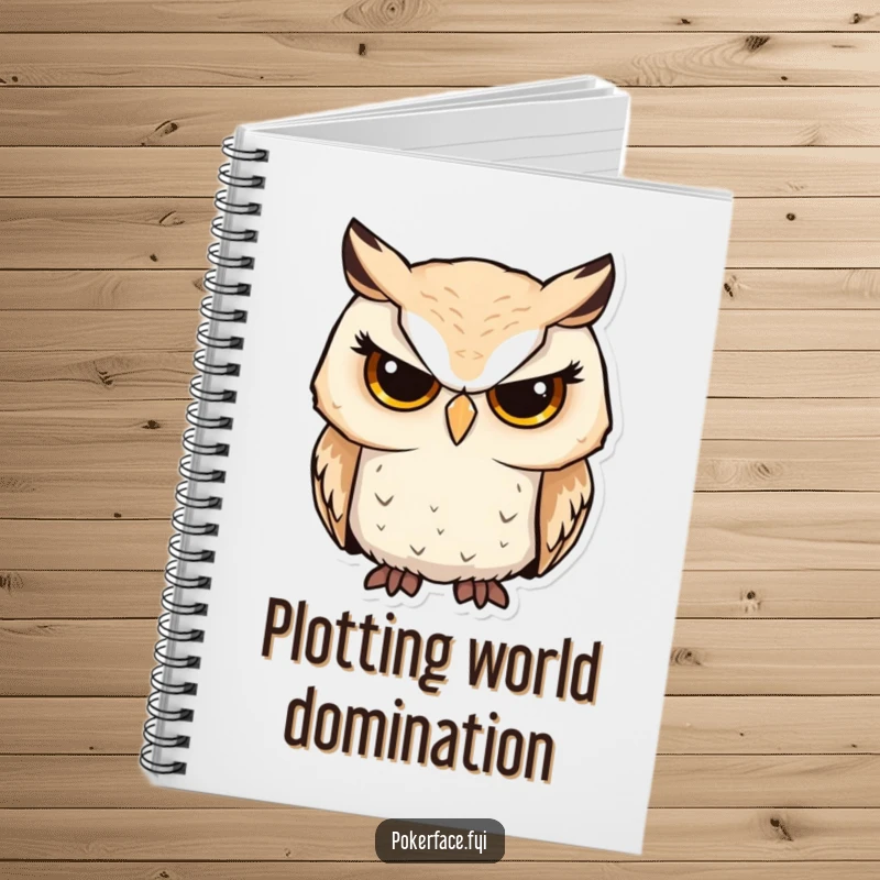 Funny owl notebook with a serious owl character showing unwavering focus, perfect for humorous and insightful note-taking.