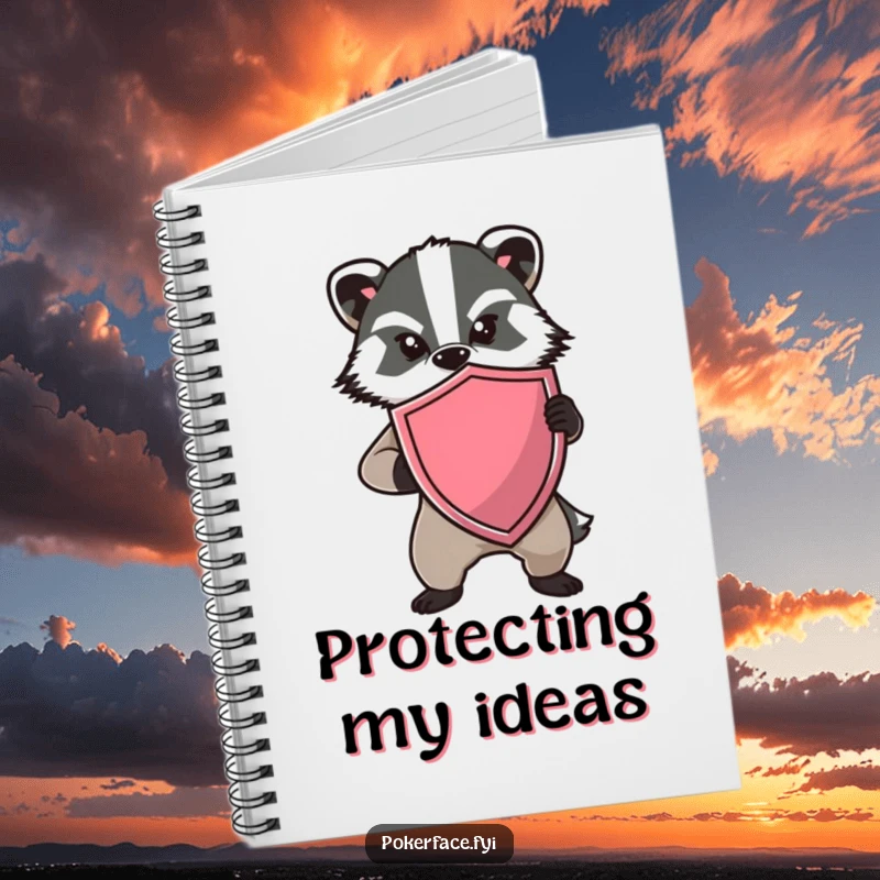 Funny Badger Shield Notebook with a determined badger holding a shield and no expression, great for humorous note-taking.