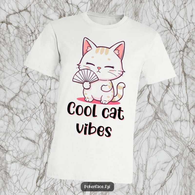 Funny T-shirt showing a cat with a blank stare holding a fan, perfect for expressing deadpan humor and relatable apathy.