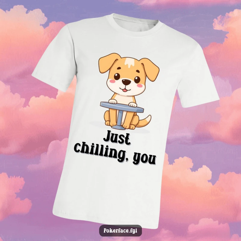 Funny dog with a blank face sitting at a table, featured on a comfortable t-shirt for dog lovers.