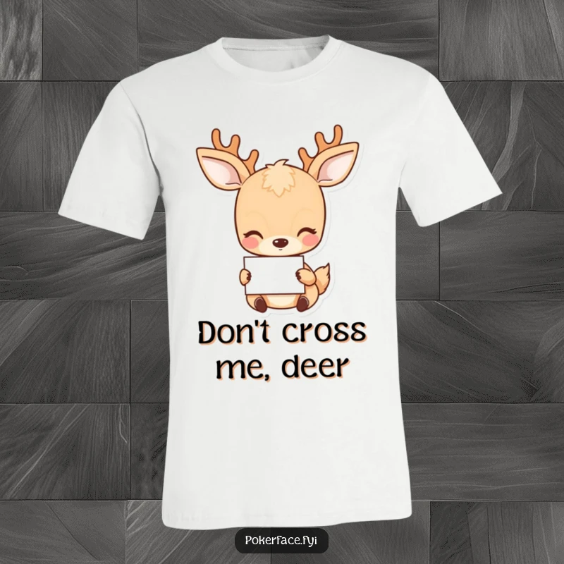 Funny Deer T-Shirt: Placid deer with a neutral expression holding a card, perfect for casual wear.