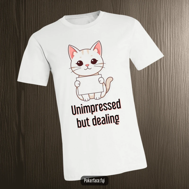 Funny Kawaii Cat T-Shirt: A kawaii cat with a completely neutral expression offering a card, perfect for fans of dry wit.