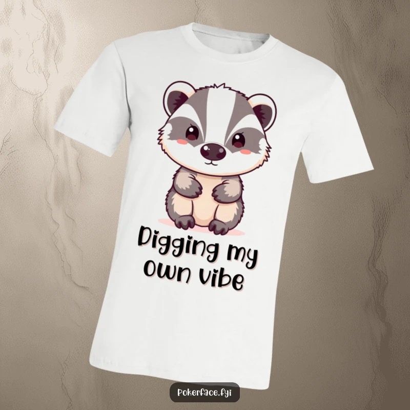 Funny neutral badger t-shirt showing a badger with a blank, unemotional face, representing calm.