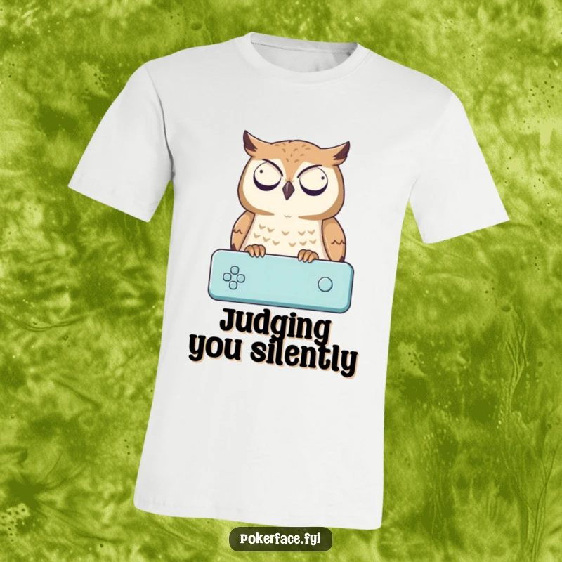 Funny T-Shirt: An owl character with a neutral, impassive face observing a game, ideal for a humorous, funny gift.