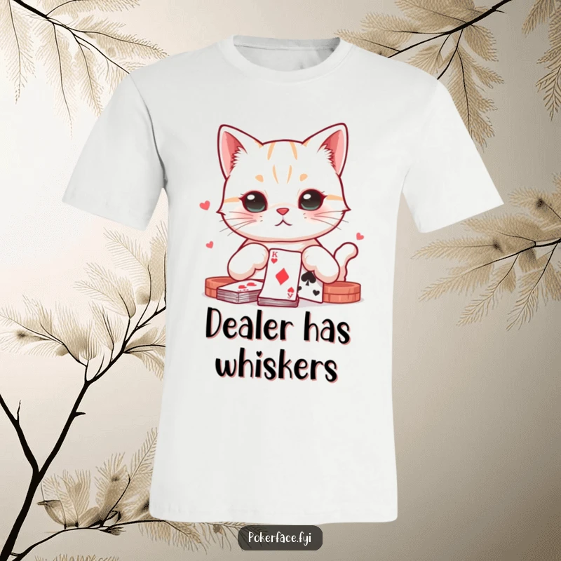 Funny cat with a completely neutral expression focused on playing cards, depicted on a comfortable t-shirt.