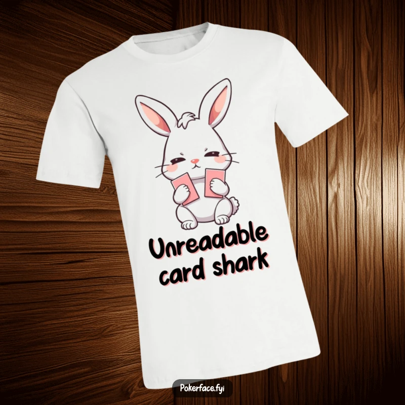 Funny T-Shirt: Emotionless rabbit holding playing cards, perfect for showcasing a blank, humorous poker face during any game.