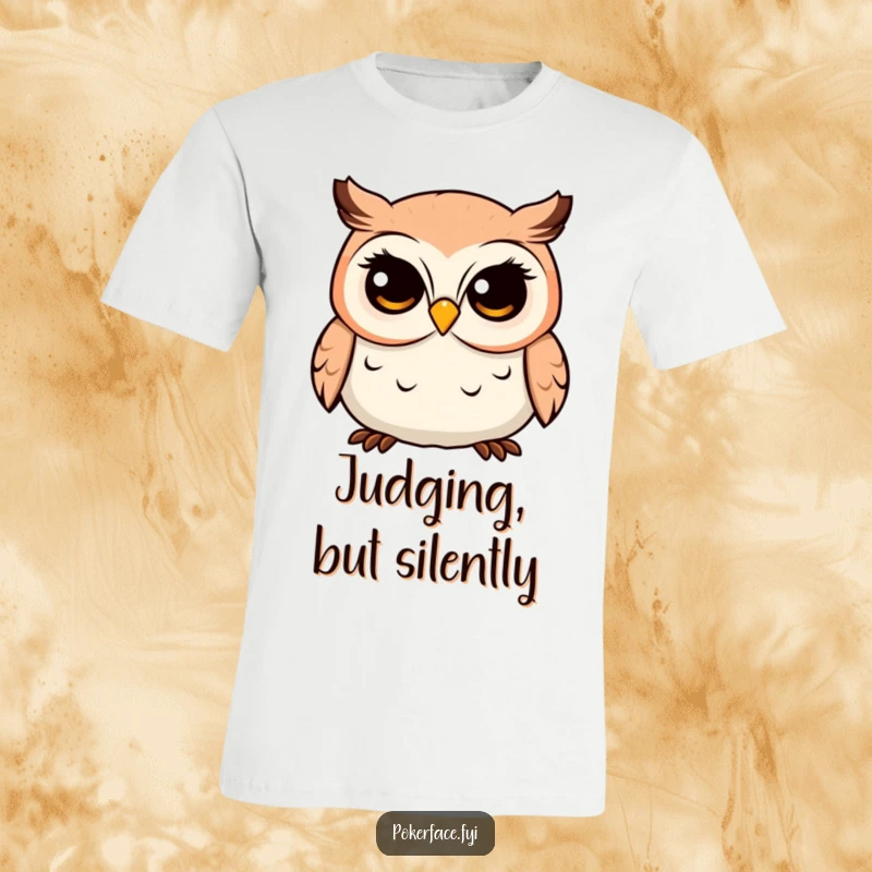 Funny Owl T-Shirt showcasing a placid character with a fixed, unwavering gaze, embodying quiet observation and humorous composure.
