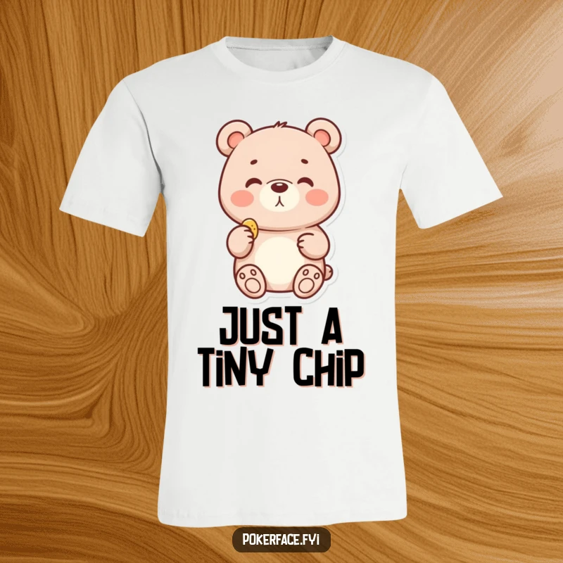 Funny t-shirt design of a delighted bear with a neutral face, holding a tiny chip, celebrating simple snack joys.