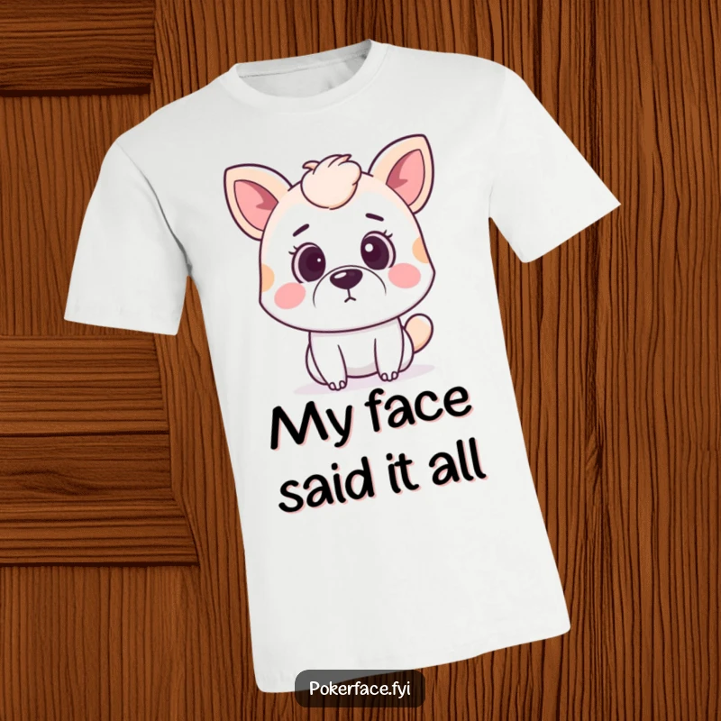 Funny surprised animal t-shirt showcasing a pet with wide, startled eyes and a straight mouth line, looking astonished.