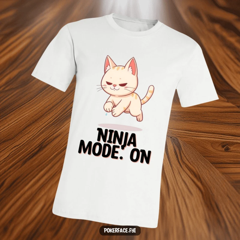 Funny stealthy cat tiptoeing slowly with sweat on brow on a t-shirt.