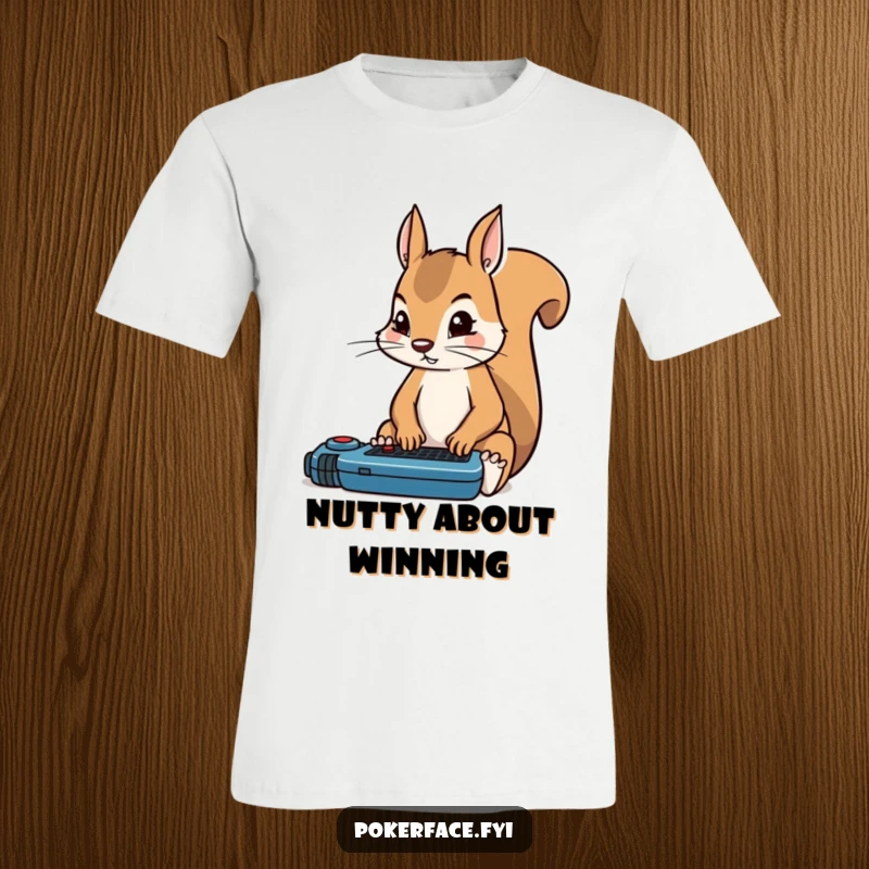 Funny squirrel on a t-shirt, sitting rigidly focused on a poker game, showing unparalleled concentration.